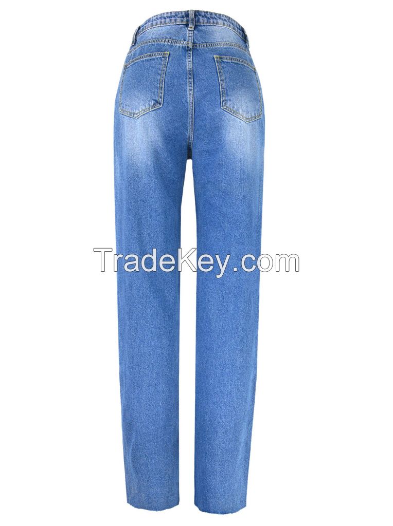 ladies denim pants high waist jeans for women losse fit straight leg jeans ripped jeans medium blue jeans