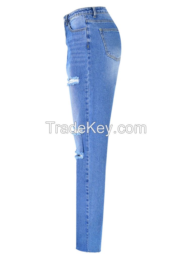 ladies denim pants high waist jeans for women losse fit straight leg jeans ripped jeans medium blue jeans