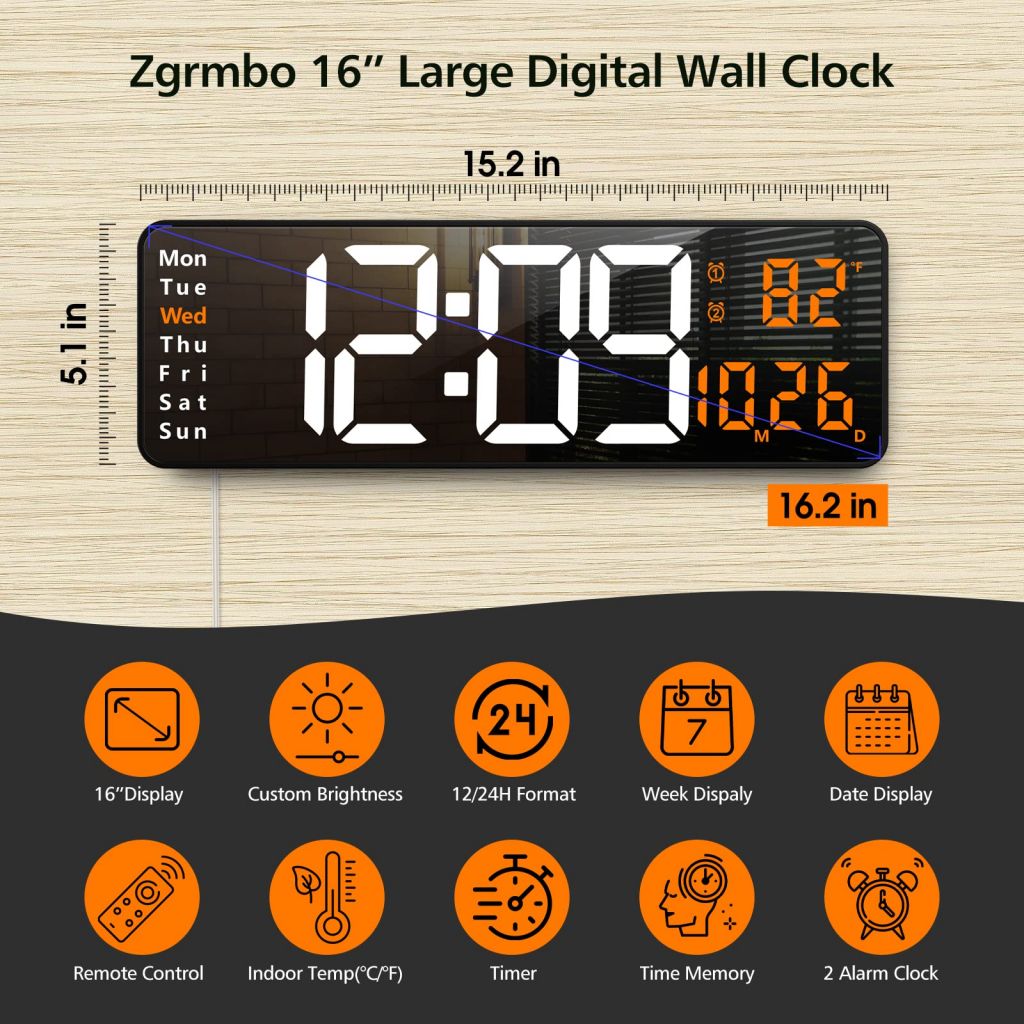  Digital Wall Clock,16.2 Inch Large Digital Wall Clock,LED Digital Wall Clock Large Display with Remote Control,Automatic Brightness Digital Alarm Clock with Indoor Temperature,Date,Week