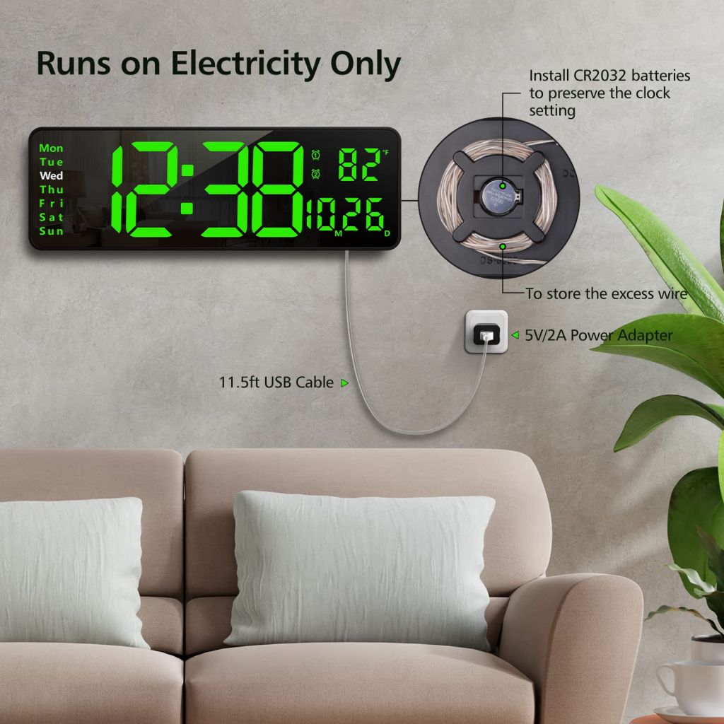 16" Large Digital Wall Clock with Remote, Large Display Digital Clock with Time Date Temp Week, 12/24H, Auto/Custom Brightness, Timer, Wall Mount for Living Room/Gym/Shop/Warehouse/Office Decor