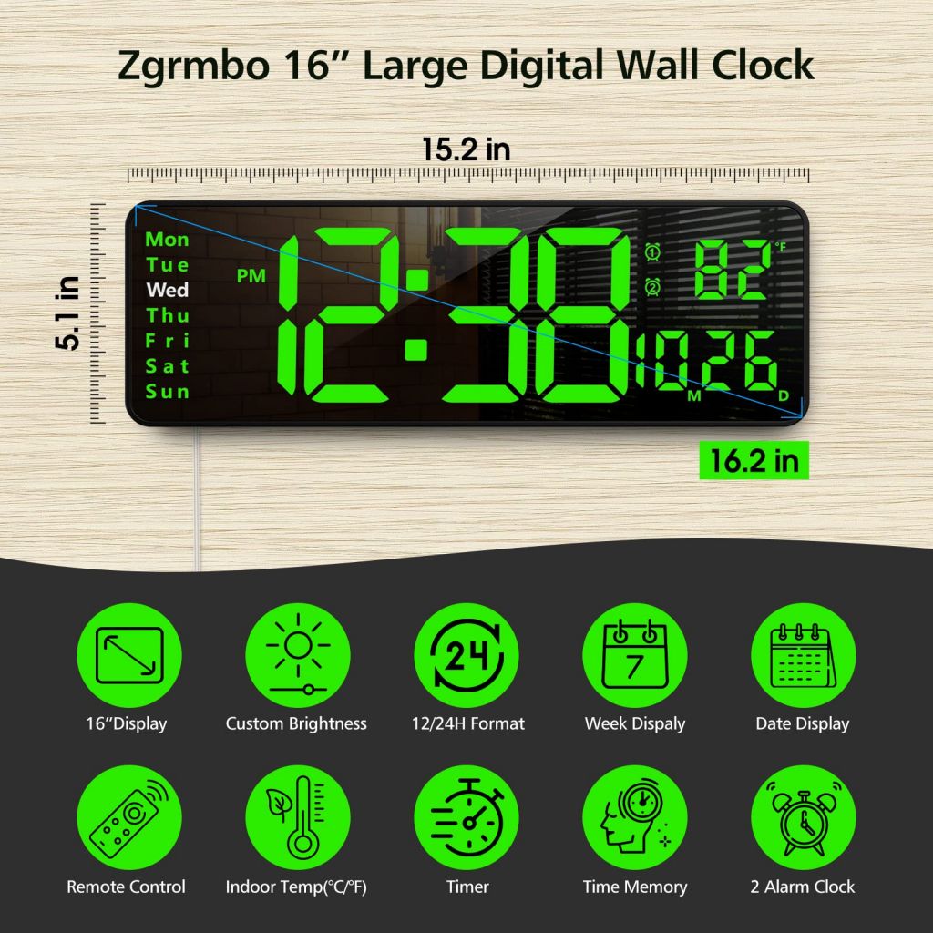 16" Large Digital Wall Clock with Remote, Large Display Digital Clock with Time Date Temp Week, 12/24H, Auto/Custom Brightness, Timer, Wall Mount for Living Room/Gym/Shop/Warehouse/Office Decor