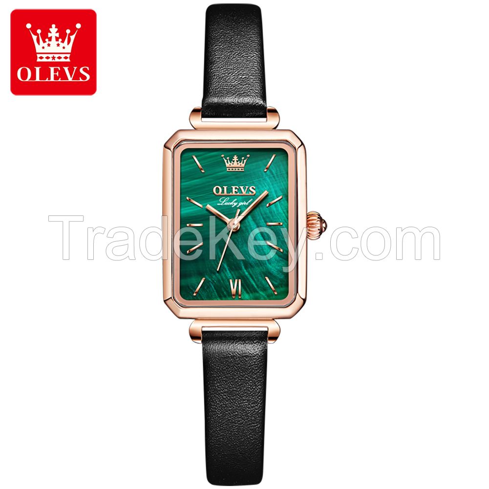 OLEVS 6624 OEM Custom Minimalist design fashion Genuine  Leather Watches women Stainless Steel Strap Square  quartz watches