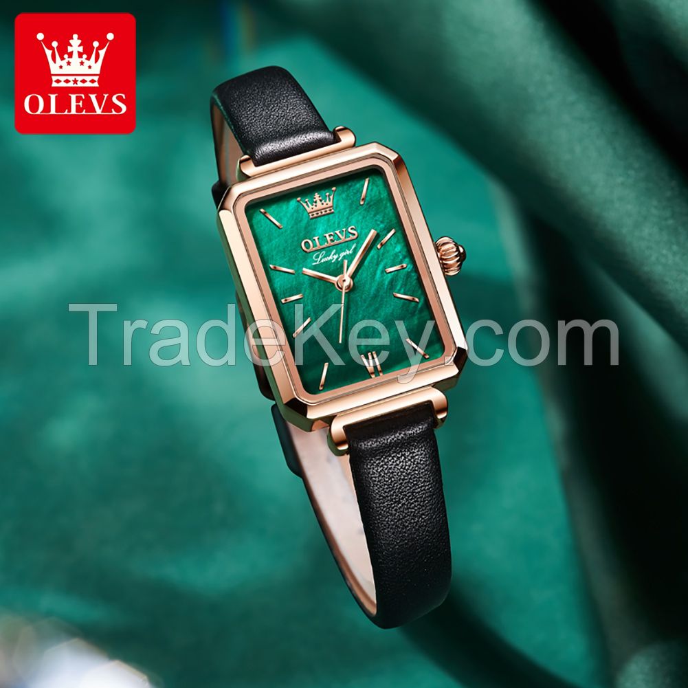 OLEVS 6624 OEM Custom Minimalist design fashion Genuine  Leather Watches women Stainless Steel Strap Square  quartz watches