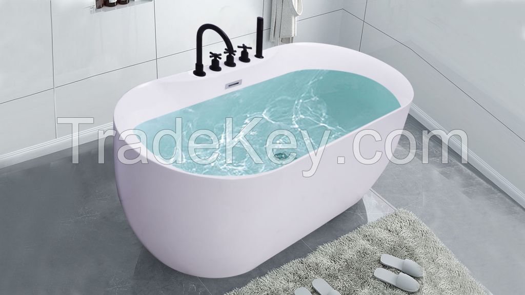 YAZHU 66.93&amp;quot; Acrylic Freestanding Bathtub Contemporary Soaking White Tub with Chrome Overflow and Drain Model 8007-2