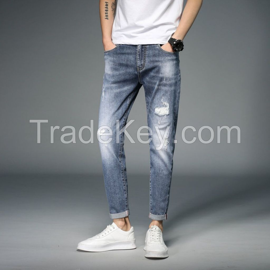 OEM New Cheap Full Length Cool Slim Fit Rock And Roll Style Distressed Ripped Denim Men's Jeans