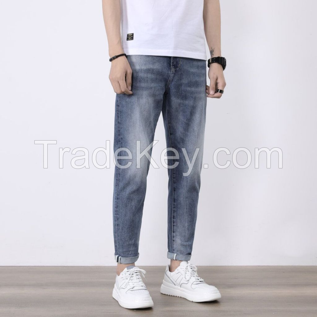 100% Cotton Men Loose Fit Jeans Blue Washed Classic Five Pocket Style Men Jeans