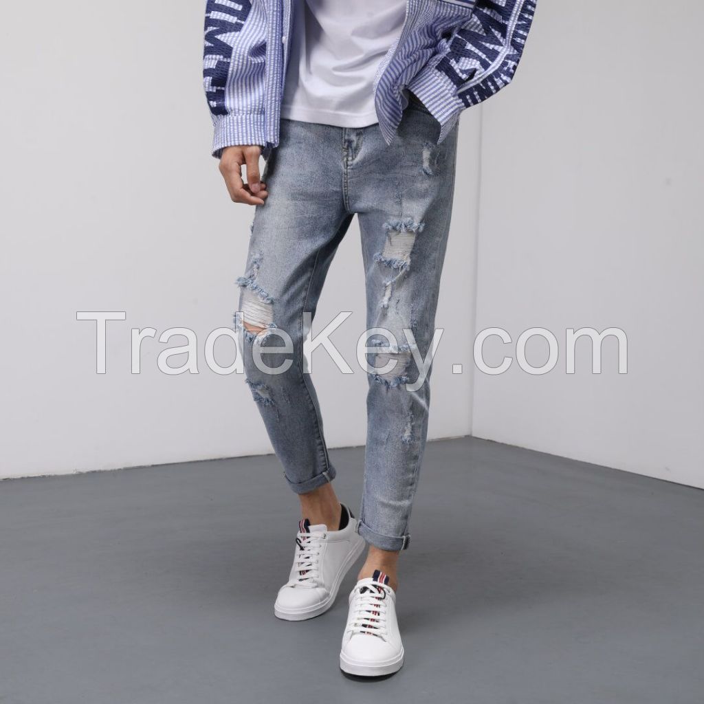 OEM New Cheap Full Length Cool Slim Fit Rock And Roll Style Distressed Ripped Denim Men's Jeans