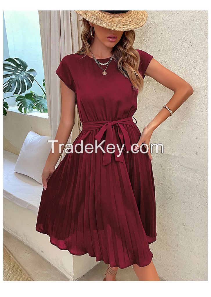 New skirt summer vacation women&#039;s lace-up solid color pleats  dress