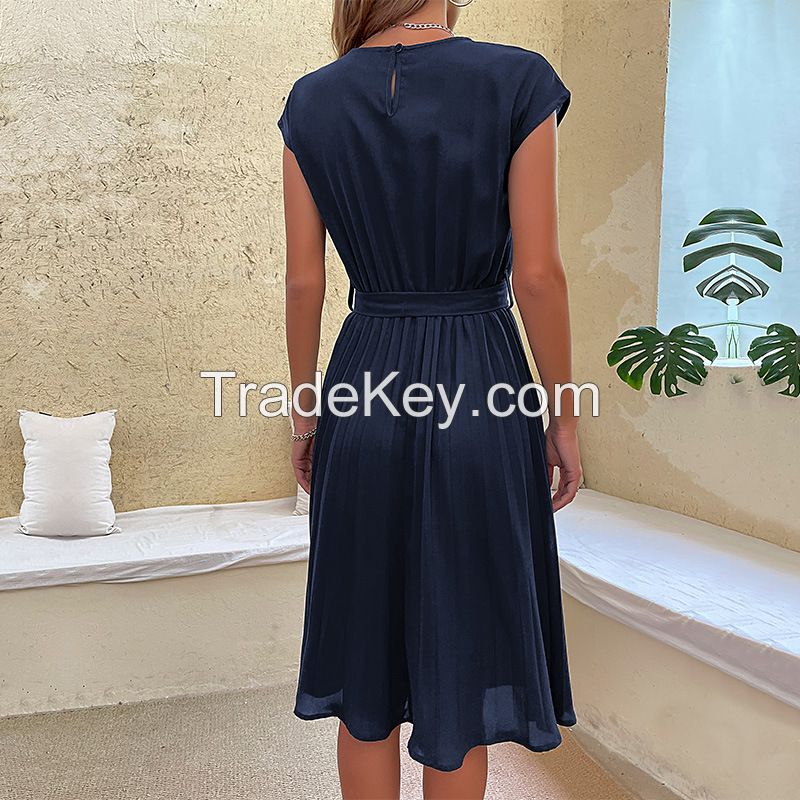 New skirt summer vacation women's lace-up solid color pleats  dress