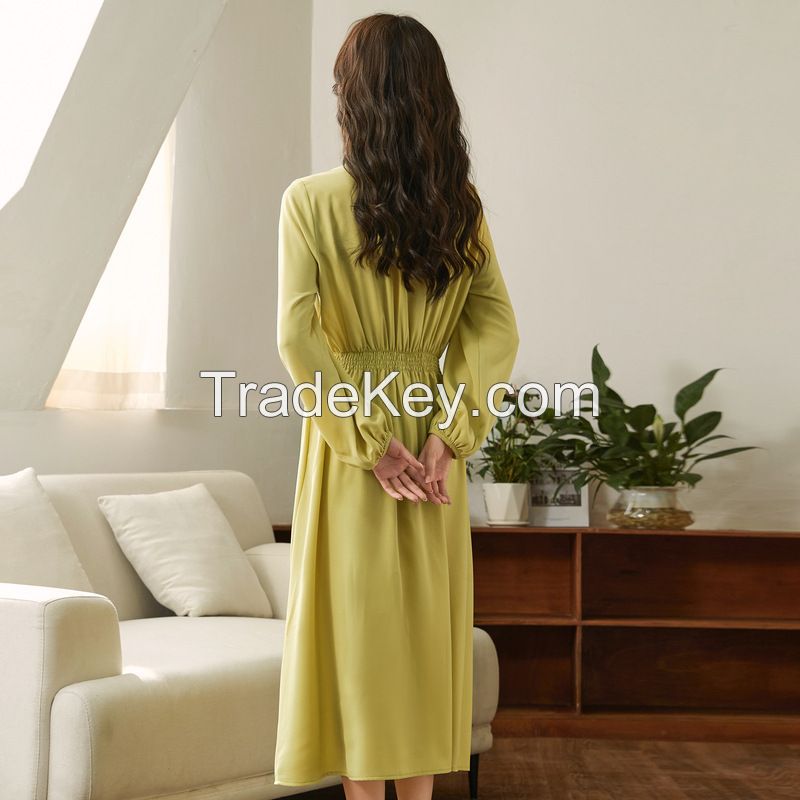 V neck long sleeve ladies casual fashion fall long high waist dress