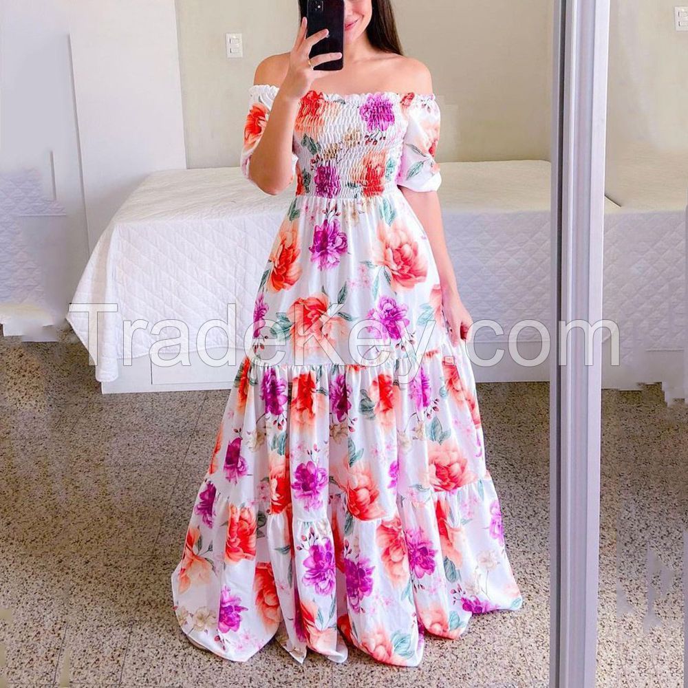 Women Floral Off-the-shoulder Dresses Long Printed Dresses Casual Plus Size Dress For Holiday