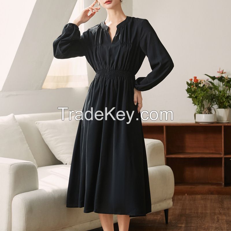 V neck long sleeve ladies casual fashion fall long high waist dress