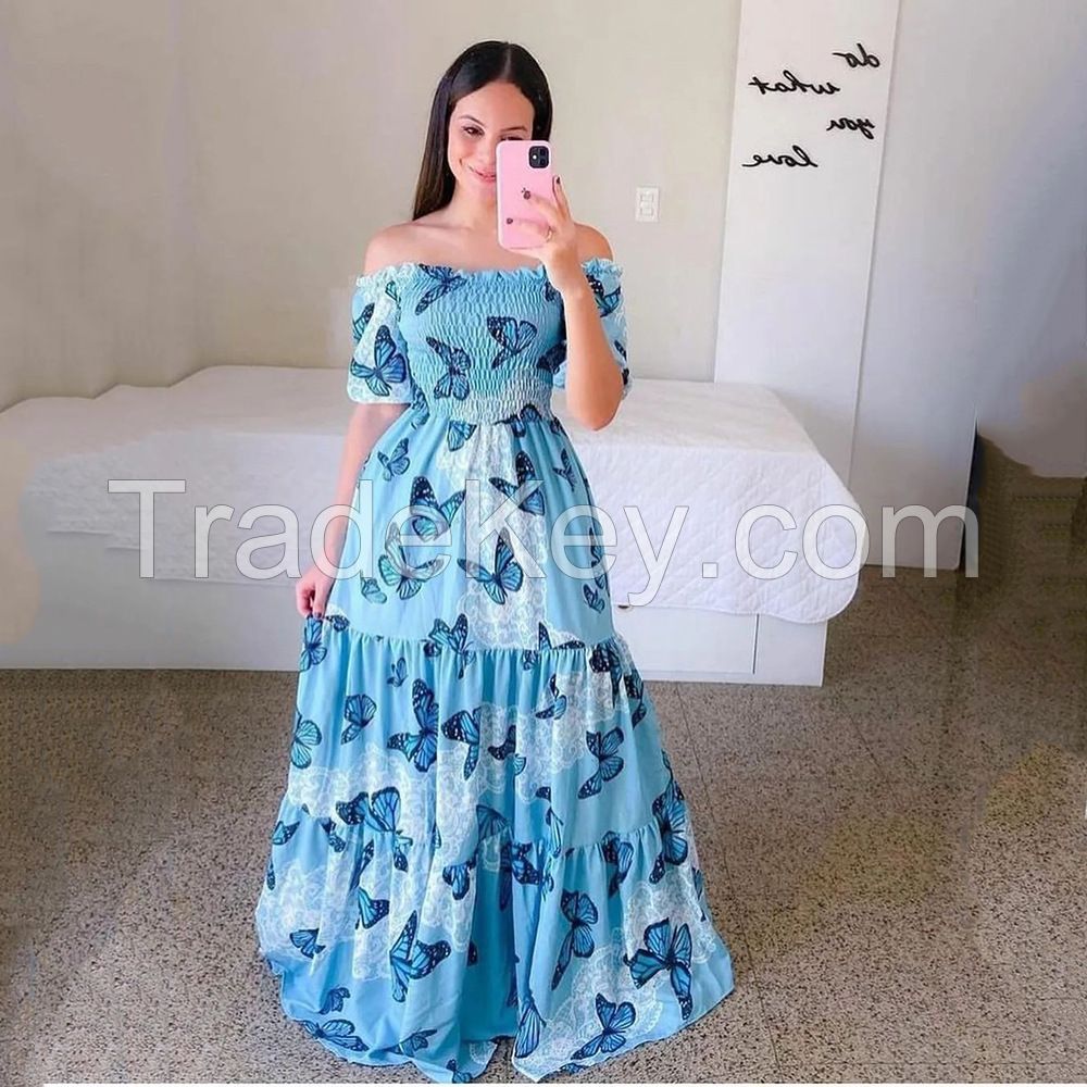 Women Floral Off-the-shoulder Dresses Long Printed Dresses Casual Plus Size Dress For Holiday