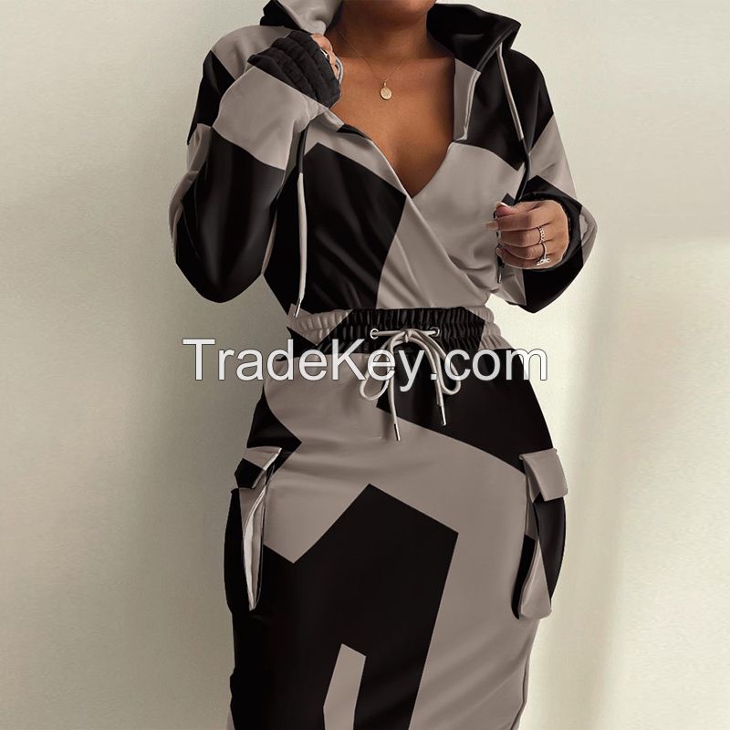 Ladies new drawstring waist hooded midi dress women can be customized printing