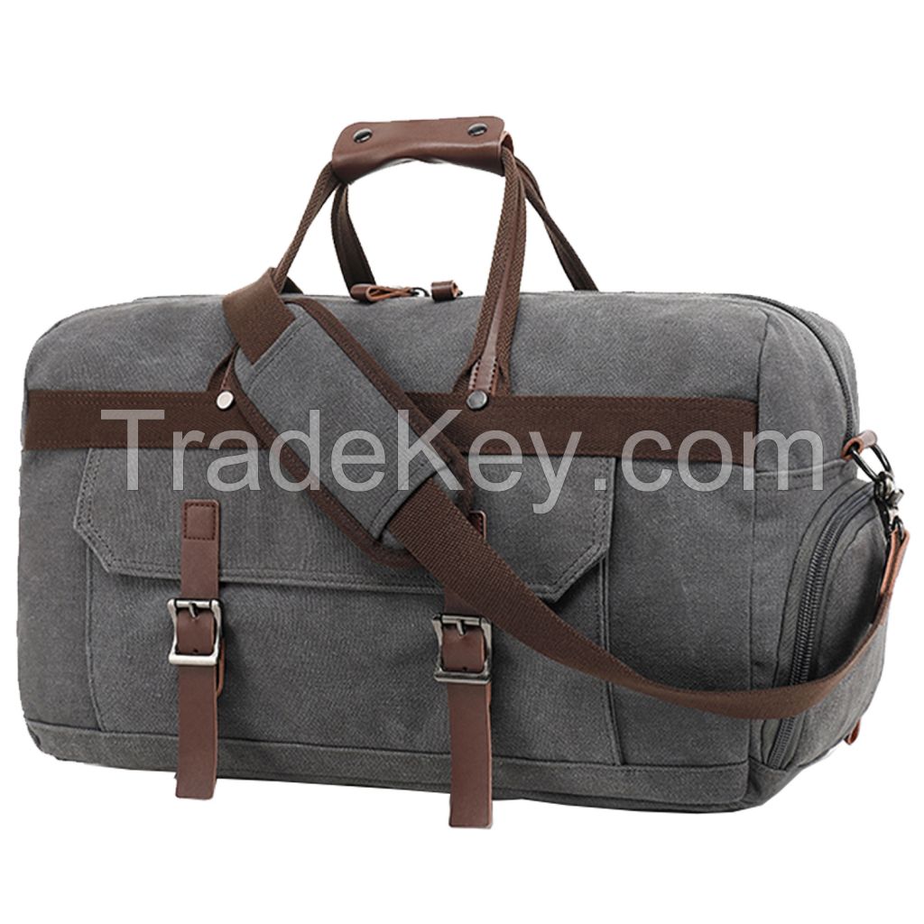 Travel Duffle Bag for Men and Women Thick Leather Canvas Weekender Bag Travel Overnight Carry On Bag with Large Capacity, Shoes Compartment