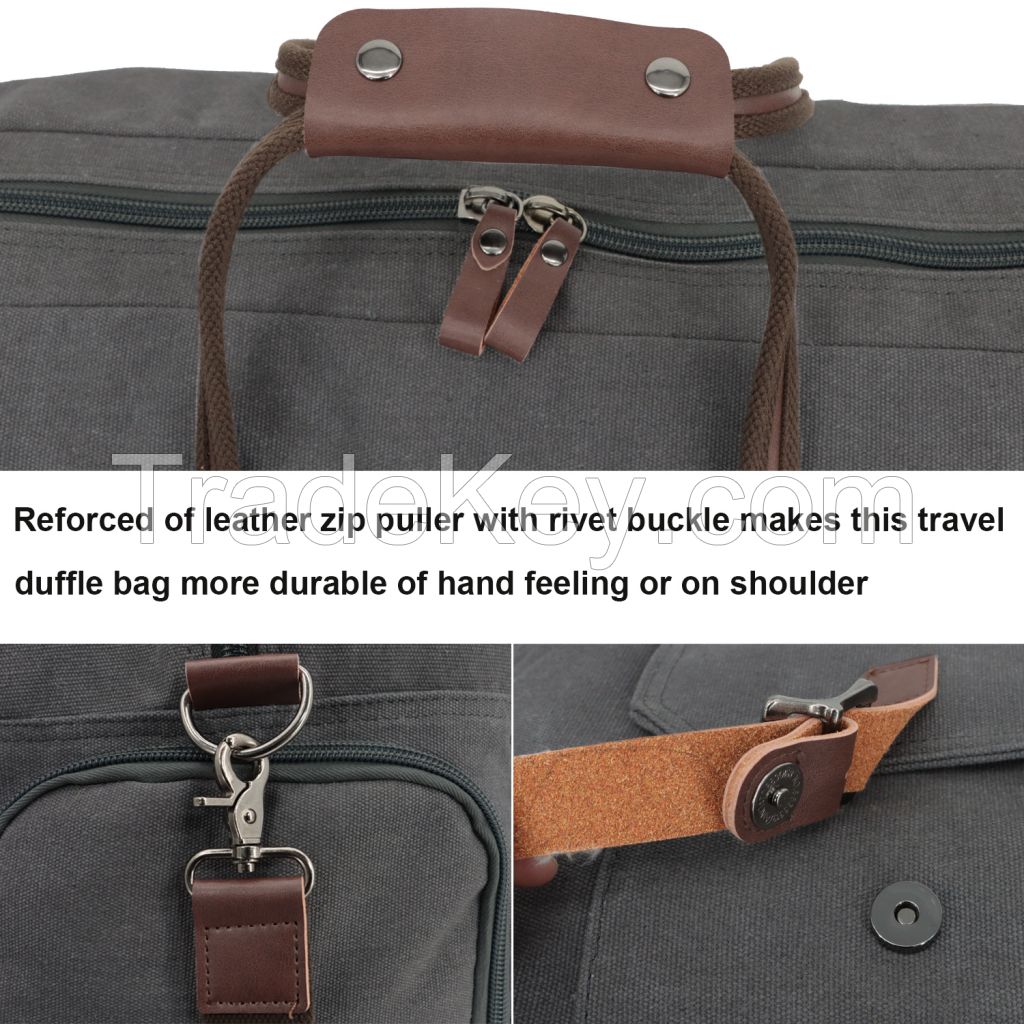 Travel Duffle Bag for Men and Women Thick Leather Canvas Weekender Bag Travel Overnight Carry On Bag with Large Capacity, Shoes Compartment