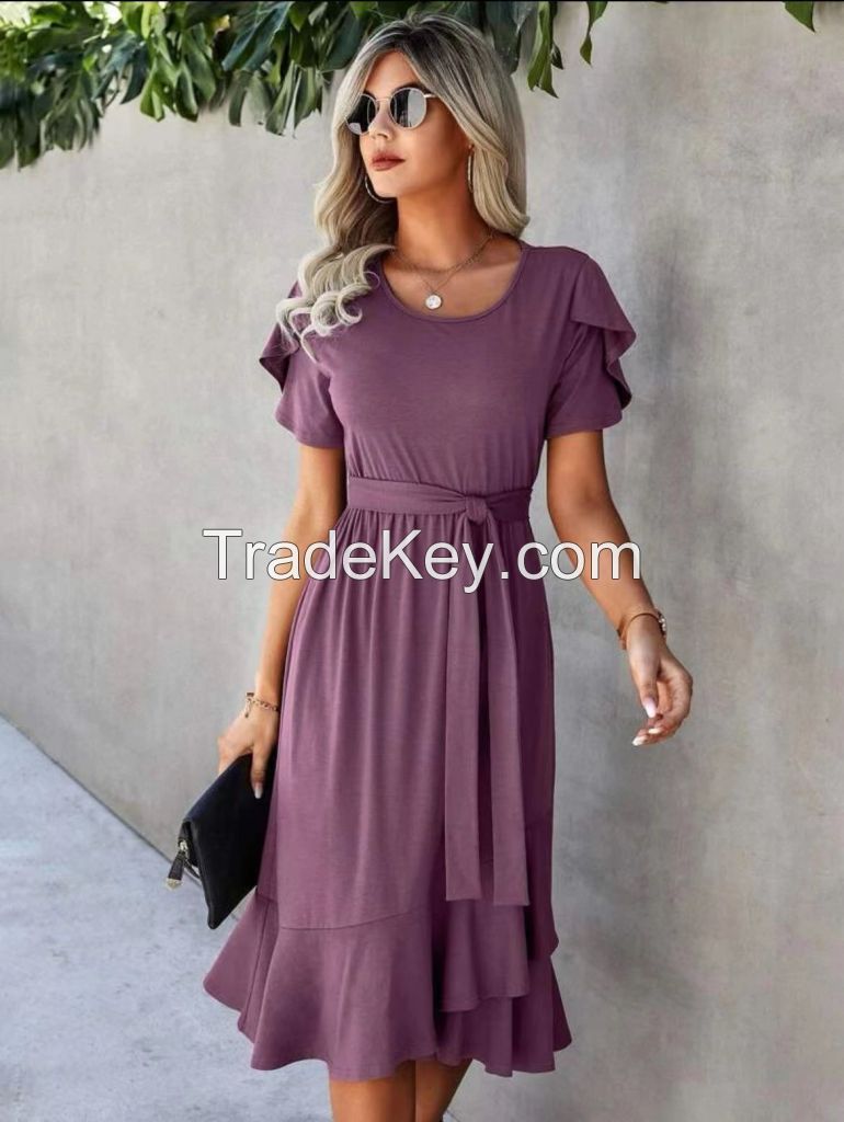 petal sleeve ruffle trim wrap hem belted dress