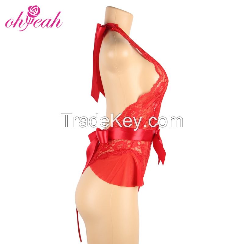 R80948 Red Lingerie-sexy Femm Plus Size Teddies Hollow Out Mesh Underwire Women Lace Sexy Lingerie Bodysuit