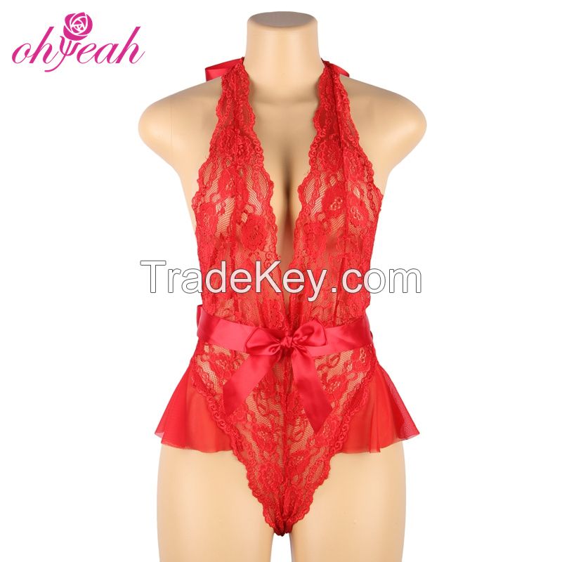 R80948 Red Lingerie-sexy Femm Plus Size Teddies Hollow Out Mesh Underwire Women Lace Sexy Lingerie Bodysuit