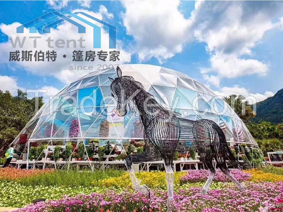 transparent geodestic dome tent for flower show, trade show, outdoor hotel