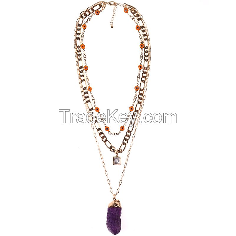 Luxurious Classic Layer Chain Necklace Hand Made Chain And Huge Purple Natural Stone Pendant Necklace Jewelry