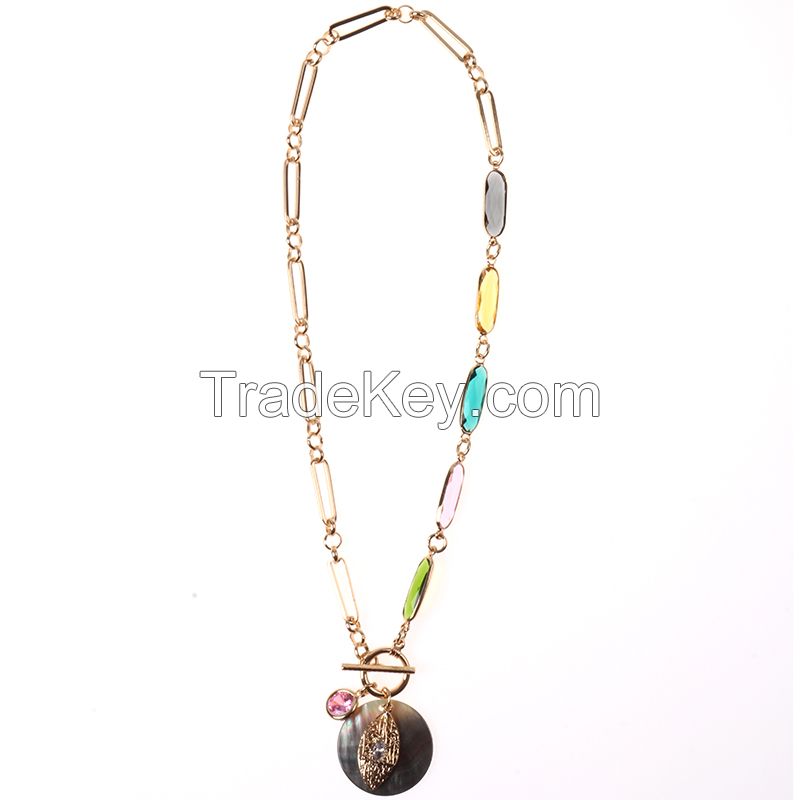 Classic T/O Bar With Multi Color Bead And Rose/ Clear Cubic Necklace Jewelry For Woman