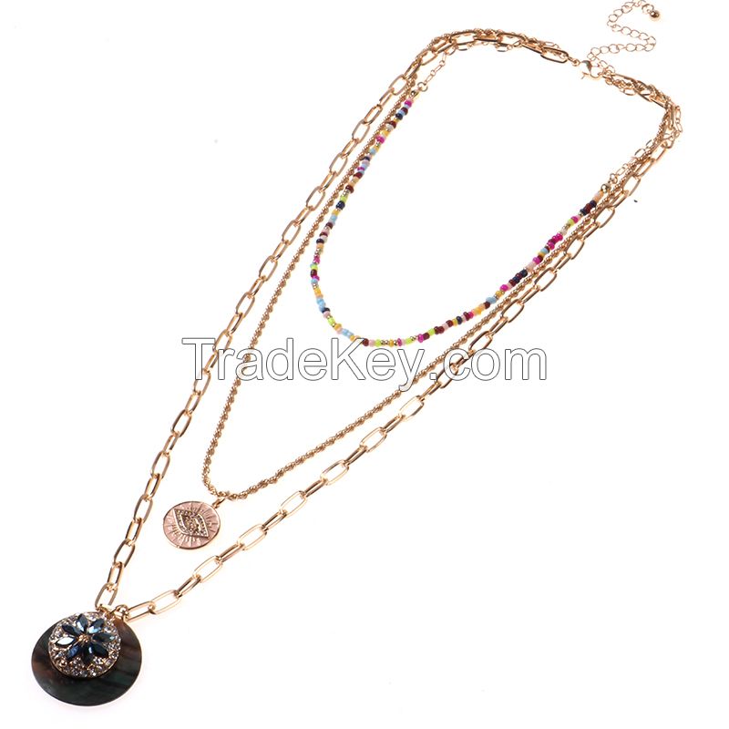 Secret Eye Natural Shell Stone Cluster Element Layer Chain Necklace With Multi Seed Bead Jewelry For Woman