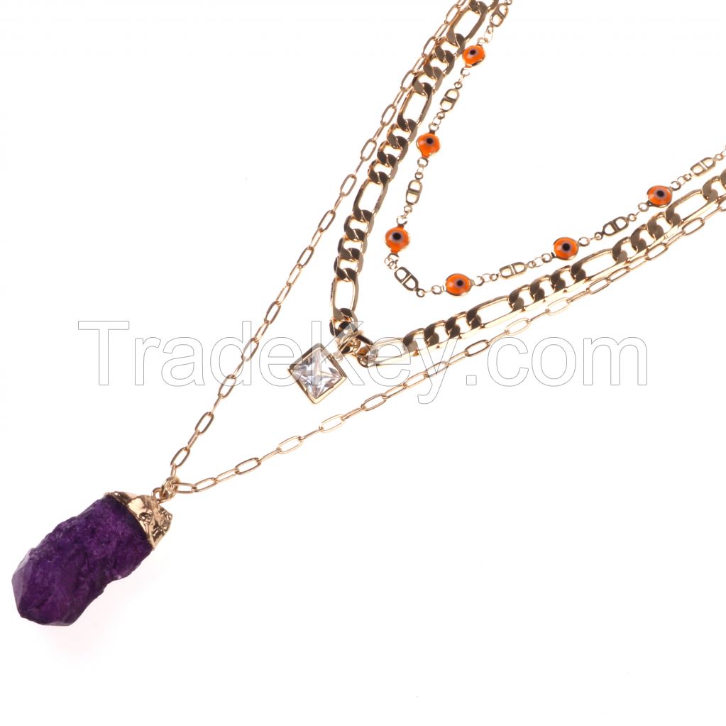 Luxurious Classic Layer Chain Necklace Hand Made Chain And Huge Purple Natural Stone Pendant Necklace Jewelry