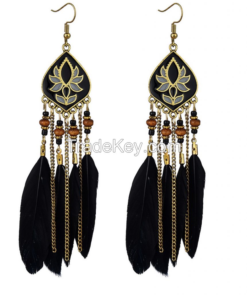 Factory Wholesale Hand Made Natural Feather Fish Hook Fashion Earrings