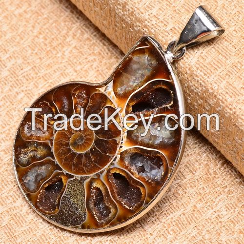 Natural  ammonite fossil with druzy  pendants