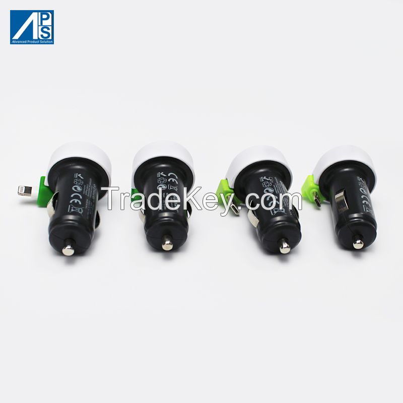 USB car Charger quick charger Fast Car charger with retractable Type C cable 15W USB Charger Quick Charge Smart Carlighter Compatible with iPhone 11/11 pro/XR/X/XS, Note 9/Galaxy S10/S9/S8 mobile phone car charger type C
