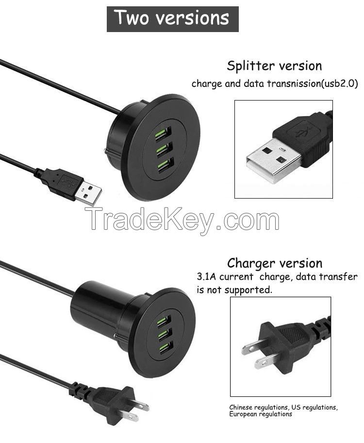 Office Desktop USB charger station hidden 3 Ports AC adapter Quick Charge3.0 Adapter USB Wall Charger fast charger