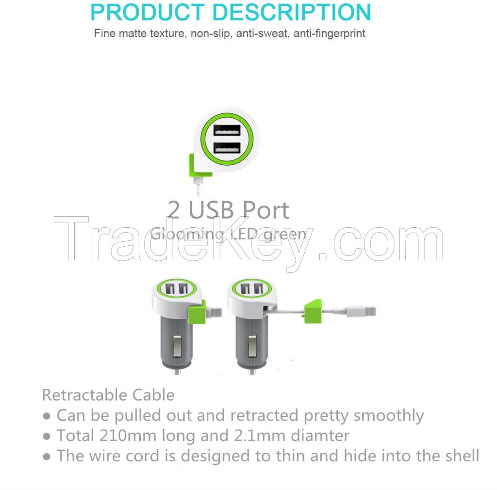 USB car Charger quick charger Fast Car charger with retractable Type C cable 15W USB Charger Quick Charge Smart Carlighter Compatible with iPhone 11/11 pro/XR/X/XS, Note 9/Galaxy S10/S9/S8 mobile phone car charger type C