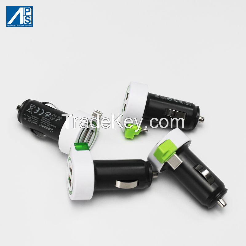 USB car Charger quick charger Fast Car charger with retractable Type C cable 15W USB Charger Quick Charge Smart Carlighter Compatible with iPhone 11/11 pro/XR/X/XS, Note 9/Galaxy S10/S9/S8 mobile phone car charger type C