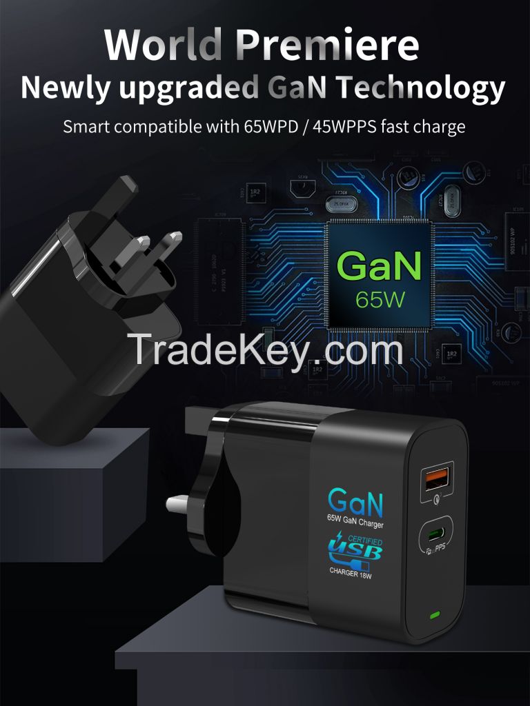 New Technlogy 65W Gan Charger USB C wall charger PD fast charger with Quick Charge3.0 PD 3.0 USB Charger UK Adapter for laptop