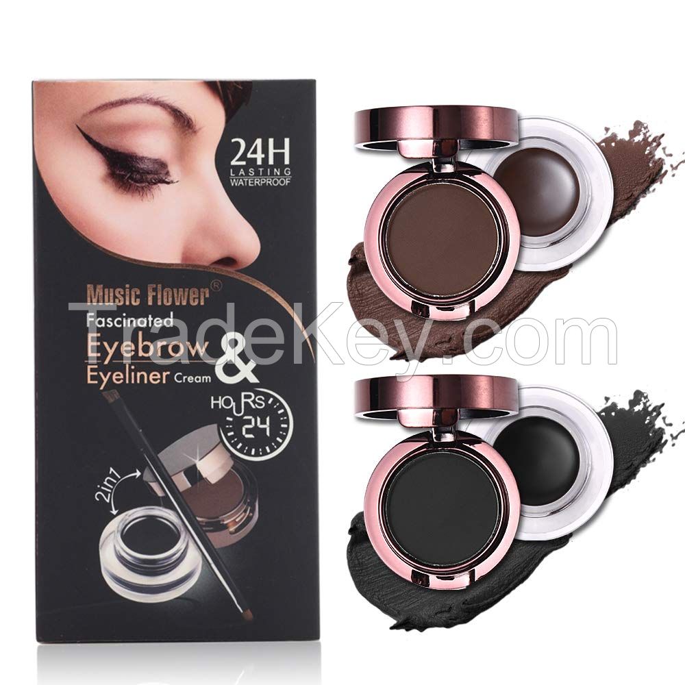 Music Flower Eyeliner Gel Eyebrow Powder Waterproof Brown and Black with Brush Mirror Kit