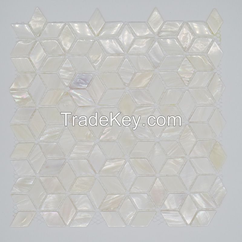 Rhombus full white mother of pearl mosaic on mesh for wall decoration