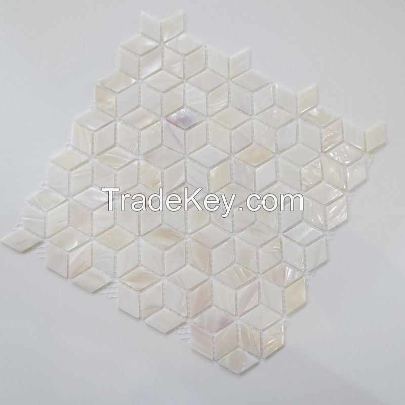 Rhombus full white mother of pearl mosaic on mesh for wall decoration