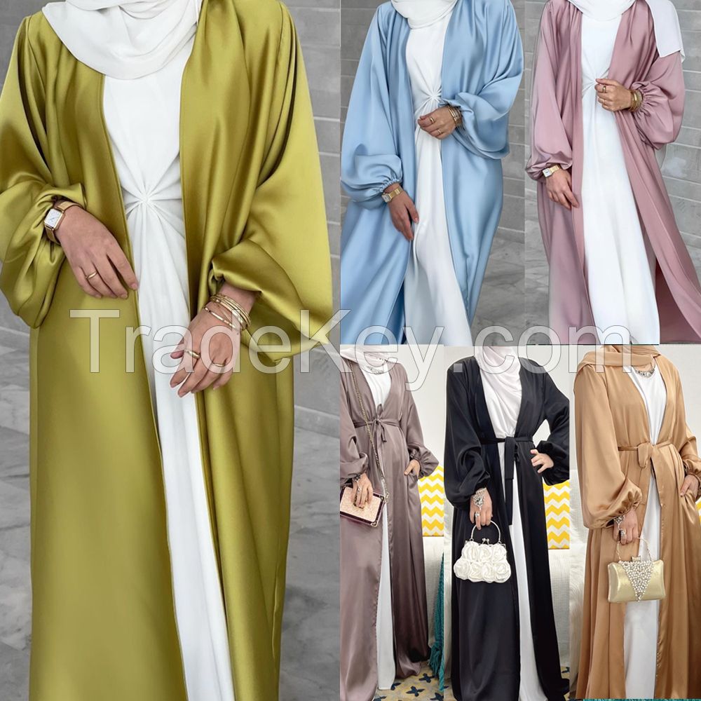 Byshanel Women Solid Color Puff Sleeve Elegant Dress Cardigan Muslim Open Abaya