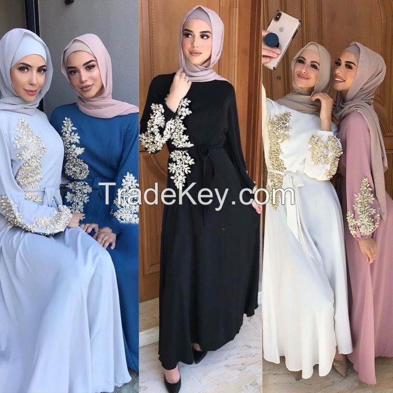 [ready stock]Embroidery Beads Maxi Dress  Muslim Women Long Sleeve Swing A Line Dress Arab Turkey Eid Abaya Dubai Morocco Kaftan