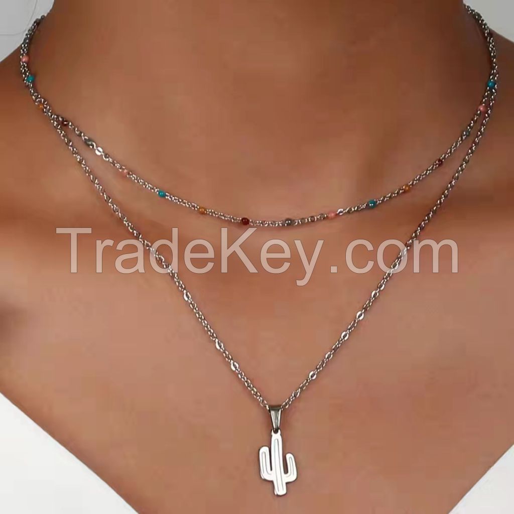 2021 creative cactus pendant double-layer stainless steel oil dripping chain design clavicle Necklace