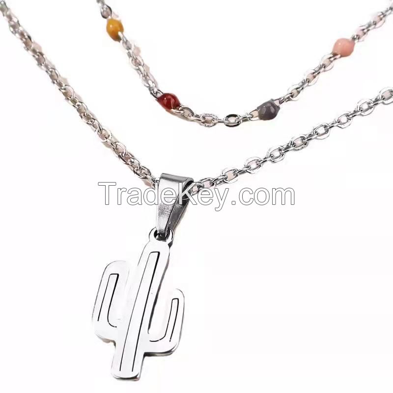 2021 creative cactus pendant double-layer stainless steel oil dripping chain design clavicle Necklace