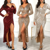 SS21# Long sleeve V-neck Shine sexy sequin dress for lady