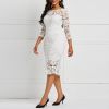 Evening Party Date Women White See Through Hollow Out Floral Lace Bodycon Dress Office Lady Spring Summer Work Basic Dresses