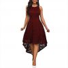 New Fashion Floral Lace Women Solid Color Sleeveless Irregular Hem Formal Party Midi Dress