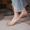 2023 New Summer Net Red Transparent Sandals Women's Middle Heel Thick Heel Crystal High Heels Fairy Style One-Line Belt