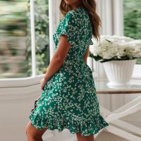 Women Dresses Summer 2021 Sexy V Neck Floral Print Boho Beach Dress Ruffle Short Sleeve A Line Mini Dress Wrap Sundress Robe