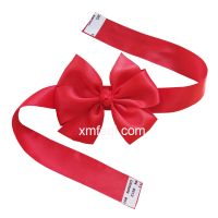 Factory made satin ribbon bow on band with self stickers around box