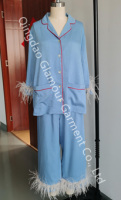 2021 Luxury Feather Sleepwear Women Viscose Soft Long Sleeve Tops And Pants Ostrich Feather Pajama Set