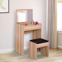 Dressing Table Set Padded Stool Dresser with Flip-up Mirror Multi-purpose - Wood Grain